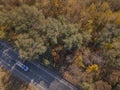 Aerial view of road in beautiful autumn forest at sunset. Beautiful landscape with empty rural road, trees with red and Royalty Free Stock Photo