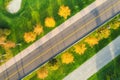 Aerial view of road through beautiful green field at sunset Royalty Free Stock Photo