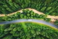 Aerial view of road in beautiful green forest at sunset in summer Royalty Free Stock Photo