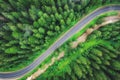 Aerial view of road in beautiful green forest at sunset in summer Royalty Free Stock Photo