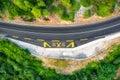 Aerial view of road in beautiful green forest at sunset in summer Royalty Free Stock Photo