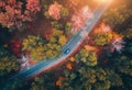 Aerial view of road with blurred car in autumn forest Royalty Free Stock Photo