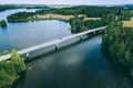 Aerial view of road bridge over blue lake water and green woods in Finland Royalty Free Stock Photo