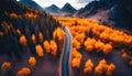 Aerial view of road in colorful forest at sunset in autumn. Top view from drone of mountain road in woods. Beautiful landscape Royalty Free Stock Photo