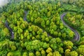 Aerial view on road in the forest. Highway throu the forest. View from a drone. Natural landscape in summer time from air.