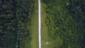 Aerial view of road among the forest and trees. Clip. Overhead aerial top view over straight road in colorful Royalty Free Stock Photo