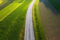 Aerial view of road in green meadows and field at sunset Royalty Free Stock Photo