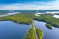 Aerial view of road between green summer forest and blue lake in Finland Royalty Free Stock Photo