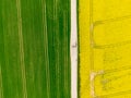 Aerial view of road between green and yellow fields. Agriculture drone shot of canola rapeseed field and green crop field. Ecology Royalty Free Stock Photo