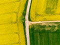 Aerial view of road between green and yellow fields. Agriculture drone shot of canola rapeseed field and green crop field. Ecology Royalty Free Stock Photo