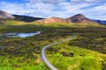 Aerial view on road in Iceland. Aerial landscape above highway in the geysers valley. Icelandic landscape from air. Famous place. Royalty Free Stock Photo