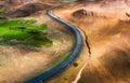 Aerial view on road in Iceland. Aerial landscape above highway in the geysers valley. Icelandic landscape from air. Famous place. Royalty Free Stock Photo