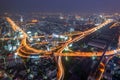 Aerial view of road interchange or highway intersection at night