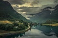Aerial view of road in landscape of fjord at Briksdalsbreen glacier in Jostedalsbreen mountains during summer morning Royalty Free Stock Photo