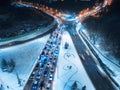 Aerial view of road in the modern city at night in winter Royalty Free Stock Photo