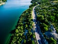 Aerial View of road near blue sea and green mountain in summer Croatia Royalty Free Stock Photo