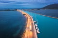 Aerial view of road near sea canal at night in Lefkada, Greece Royalty Free Stock Photo