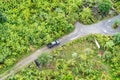 Aerial view of the road passing the garden with a car passing by Royalty Free Stock Photo