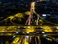 Aerial view Road roundabout with car lots in Thailand.street large beautiful downtown at night.cityscape.