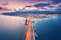 Aerial view of road and sea at night in Lefkada island, Greece Royalty Free Stock Photo