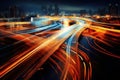 Aerial view of Road Traffic jam on multiple lane highway with speed light trail from car background, Expressway road junction in Royalty Free Stock Photo