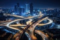 Aerial view of Road Traffic jam on multiple lane highway with speed light trail from car background, Expressway road junction in Royalty Free Stock Photo