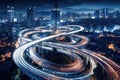 Aerial view of Road Traffic jam on multiple lane highway with speed light trail from car background, Expressway road junction in Royalty Free Stock Photo