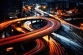 Aerial view of Road Traffic jam on multiple lane highway with speed light trail from car background, Expressway road junction in Royalty Free Stock Photo