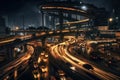 Aerial view of Road Traffic jam on multiple lane highway with speed light trail from car background, Expressway road junction in Royalty Free Stock Photo