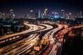 Aerial view of Road Traffic jam on multiple lane highway with speed light trail from car background, Expressway road junction in Royalty Free Stock Photo