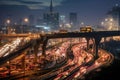 Aerial view of Road Traffic jam on multiple lane highway with speed light trail from car background, Expressway road junction in Royalty Free Stock Photo