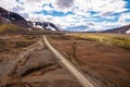 Road trip with 4x4 car on dirt road among remote wilderness on volcanic area in Icelandic highlands on summer at Landmannalaugar, Royalty Free Stock Photo