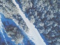 Aerial view of the road in the winter pine forest Royalty Free Stock Photo