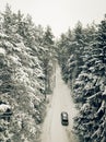 Aerial view on road in winter time, road surrounded with forest trees, car driving in winter time.