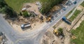 Aerial view on road word. Roundabout construction