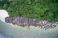 Aerial view of rocks, cliff and beach forming patterns in nature background La Digue, Seychelles Royalty Free Stock Photo