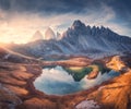 Aerial view of rocks, mountain lake, reflection in water Royalty Free Stock Photo