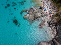 Aerial view of rocks on the sea. Overview of seabed seen from above, transparent water