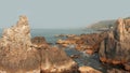 Aerial view rocks and stones on the Arambol beach in North Goa, India. Royalty Free Stock Photo