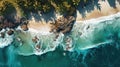 Aerial view of rocky coastline, crystal clear turquoise water.