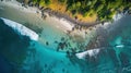 Aerial view of rocky coastline, crystal clear turquoise water.