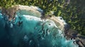 Aerial view of rocky coastline, crystal clear turquoise water.