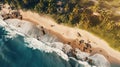 Aerial view of rocky coastline, crystal clear turquoise water.