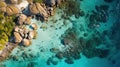 Aerial view of rocky coastline, crystal clear turquoise water.