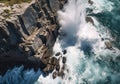 Aerial view of rocky coastline. Waves hitting in rocks. Birds eye view of the sea, cinimatic sea and moutain view. AI Generative