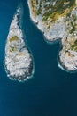 Aerial view rocky island and blue sea drone landscape in Norway Royalty Free Stock Photo