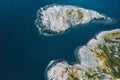 Aerial view rocky islands and blue sea drone landscape in Norway