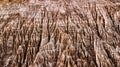 Aerial view on rocky spikes of salt mine in the middle of amazon jungle.