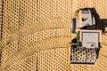 Aerial View. Roller steamroller or vibratory roller machine working on road construction site of new road. Highway Royalty Free Stock Photo