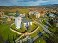 Aerial view of Roman Catholic Church of All Saints in Ocova in podpolanie region during winter